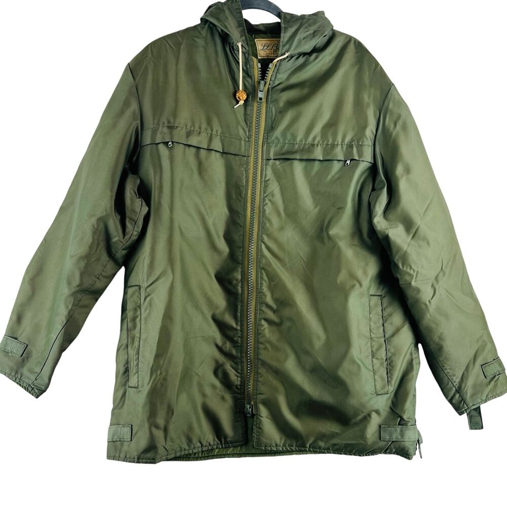 VTG 1960’s LL Bean WMNS Warm-Up Jacket L Olive Green Hooded Zip Freeport Maine